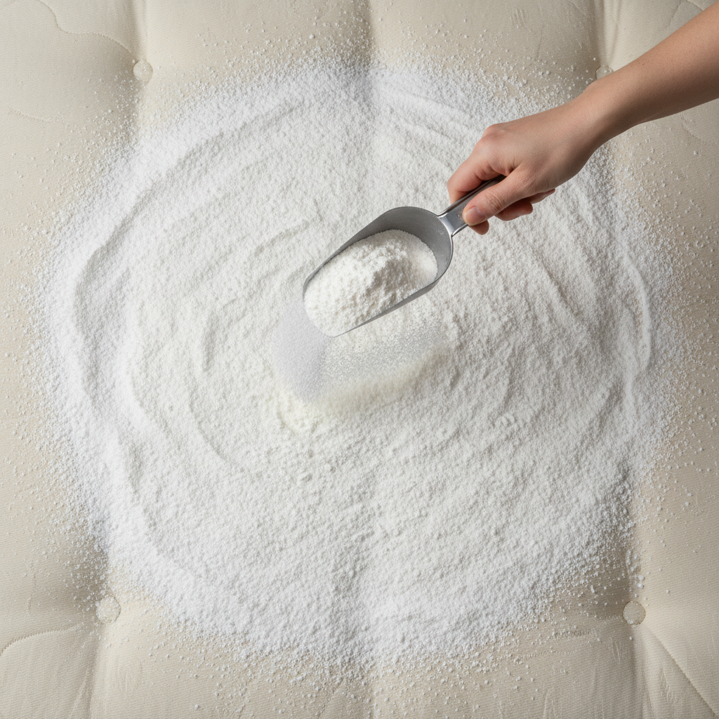 A clean, well-lit top-down photograph showing a generous, even layer of white baking soda powder being sprinkled from a hand holding a measuring scoop onto the surface of a light-colored mattress. The baking soda should be visibly spread across a significant portion of the mattress, creating a fine, absorbent layer. The scene conveys a simple, effective home remedy in action.