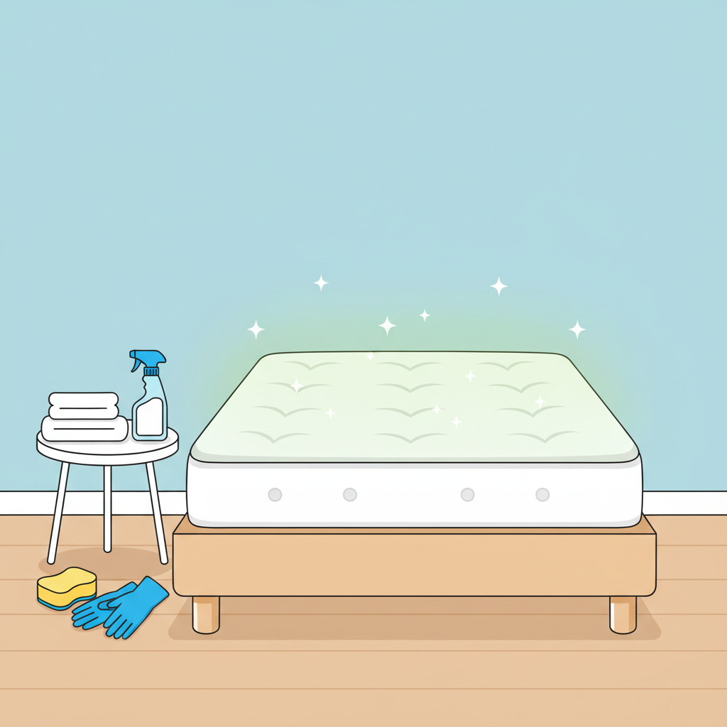 A vibrant, flat illustration depicting a clean, white mattress on a simple bed frame. In the foreground, neatly arranged cleaning supplies are visible on a small table or floor next to the bed: a white spray bottle, a stack of fresh, folded towels, a yellow cleaning sponge, and blue protective gloves. A subtle, light green aura or gentle sparkle emanates from the mattress surface, symbolizing freshness and cleanliness. The overall scene should convey preparedness and the positive outcome of cleaning, maintaining a bright, inviting, and hygienic atmosphere.