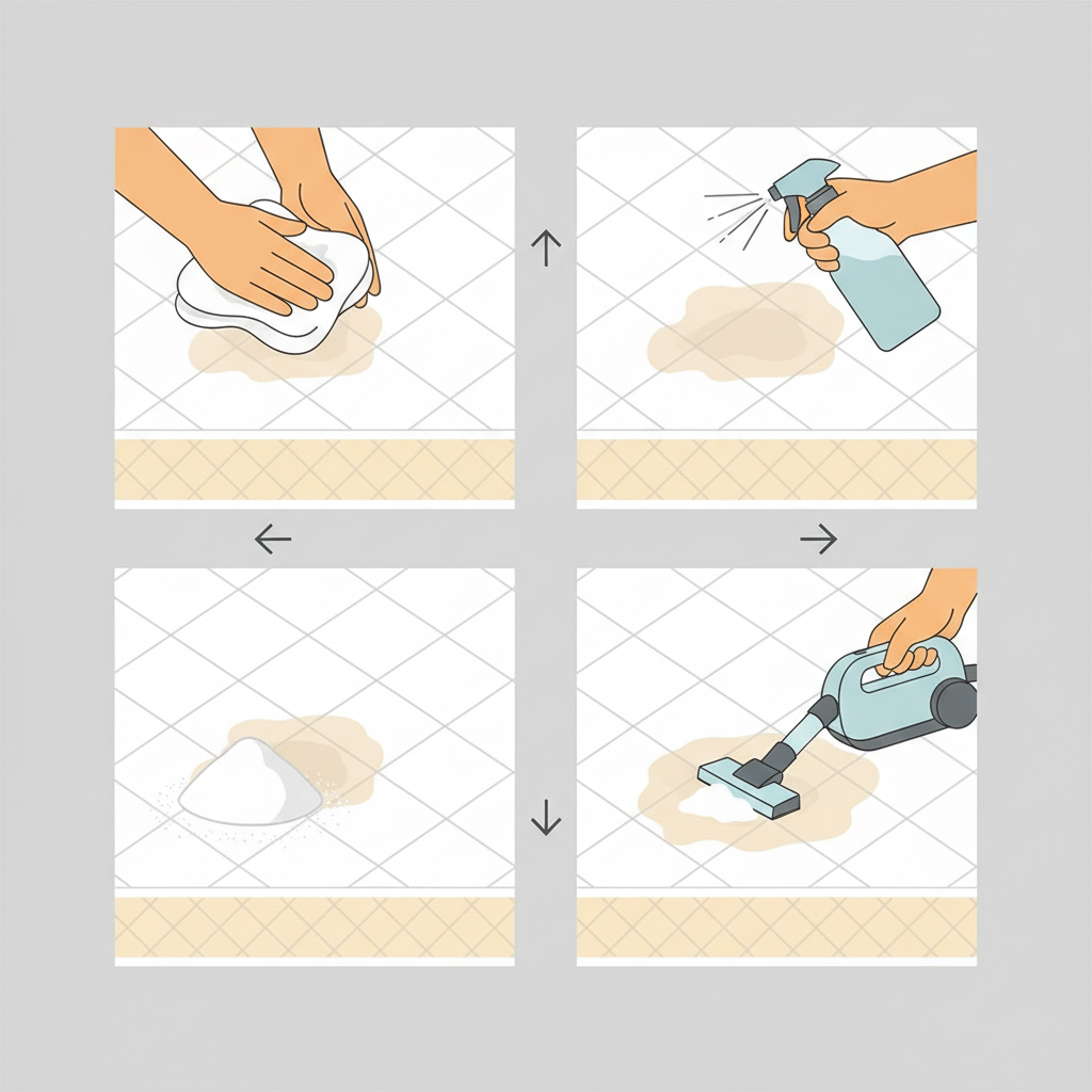 A detailed flat illustration in a clean, modern style showing a sequence of actions for mattress stain removal. The scene focuses on a portion of a white mattress with a visible light-colored stain. Around the stain, various tools are depicted in a clear, step-by-step manner: first, hands gently dabbing the stain with an absorbent cloth; then, a spray bottle applying a solution (like vinegar water); followed by a small pile of baking soda sprinkled on the area; and finally, a handheld vacuum cleaner removing the powder. The background should be minimalist to keep the focus on the cleaning process.