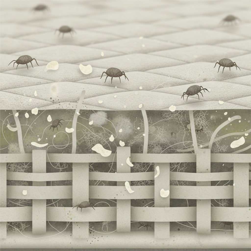 A detailed infographic illustration, depicting a macro-level, cross-section view of a mattress surface. The scene subtly highlights microscopic elements like stylized dust mites, tiny skin flakes, and dust particles intertwined within the fabric fibers. The overall visual should subtly convey an unclean environment, emphasizing the hidden impurities that accumulate. The color palette uses muted, slightly desaturated tones to suggest wear and unseen grime, making the microscopic elements stand out without being overly grotesque. The focus is on illustrating the invisible reasons for cleaning.