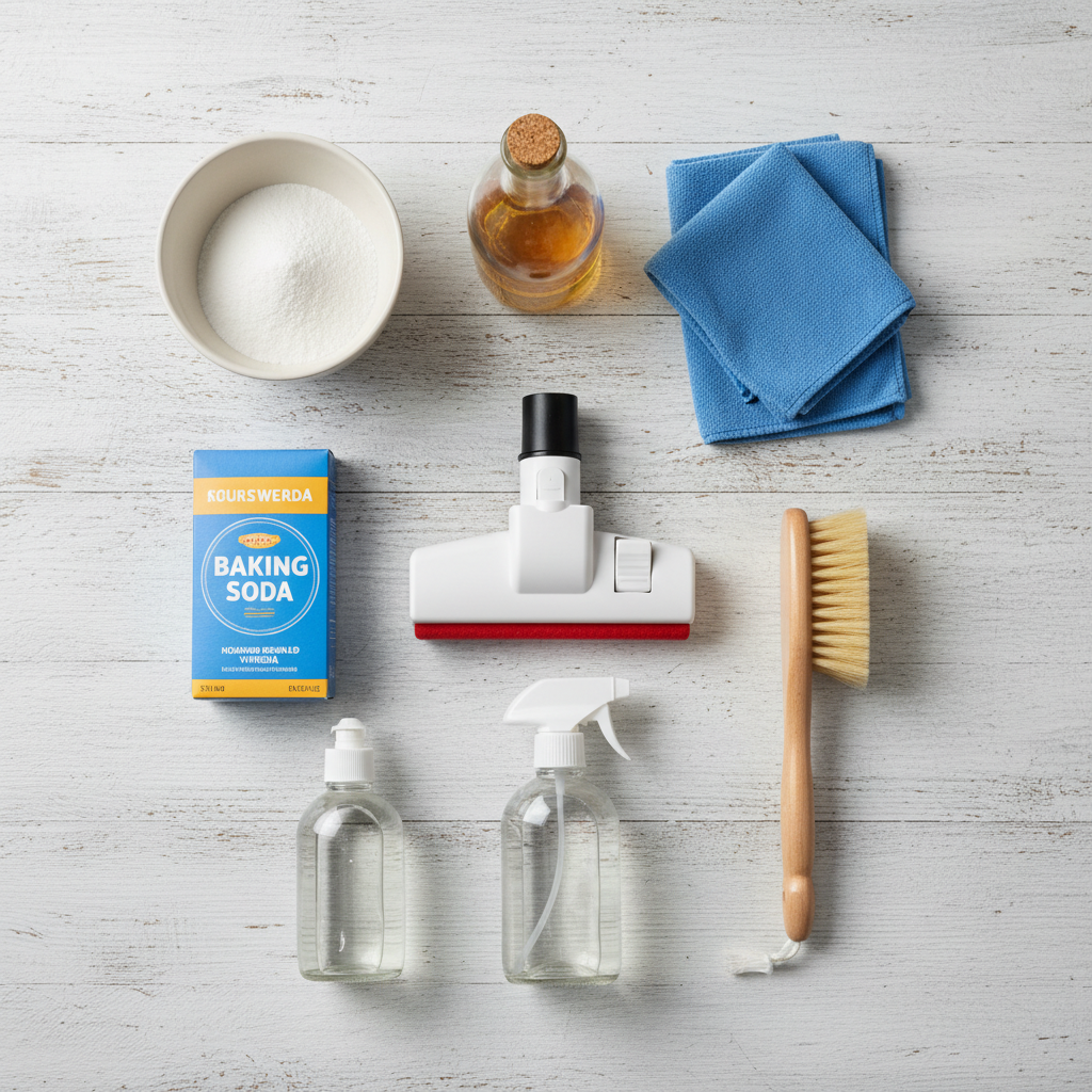 A vibrant, professional flat lay photograph showcasing an organized collection of essential mattress cleaning tools and ingredients. The items are neatly arranged on a light, neutral background. Visible objects include a vacuum cleaner's upholstery attachment, a soft brush, several clean microfiber cloths, a small mixing bowl, a bottle of mild liquid detergent, a box of baking soda, a bottle of white household vinegar, and an empty spray bottle. The composition should be well-lit, conveying readiness and a systematic approach to cleaning.
