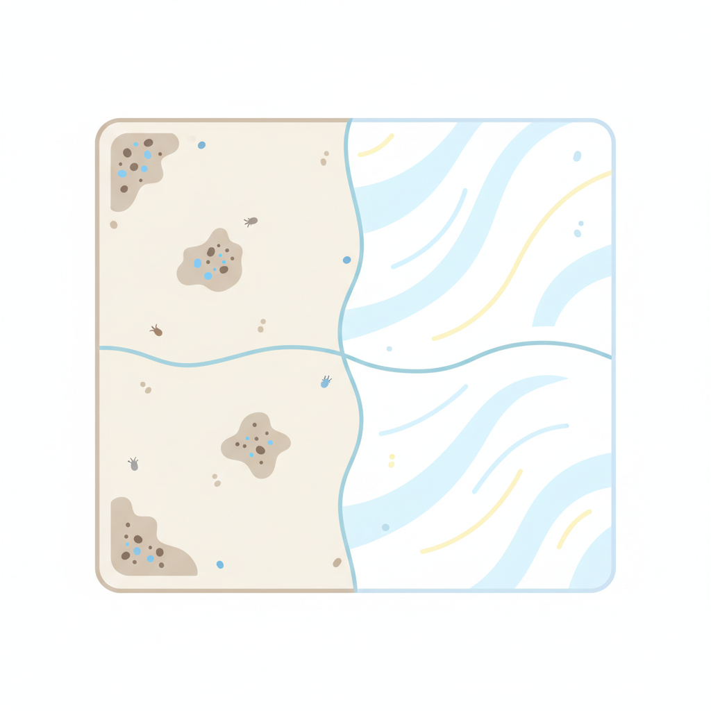 A vibrant flat illustration depicting a mattress undergoing a visual transformation from unclean to pristine. On one side, the mattress surface appears slightly discolored, with subtle, abstract representations of dust particles and microscopic elements hinting at allergens, rendered in a muted color palette. A thin, wavy line visually divides this from the other side. The other side shows the mattress in brilliant white, radiating freshness, with subtle lines indicating cleanliness and softness, using a bright, clean color palette. The overall image emphasizes improved hygiene and a healthy sleep environment.