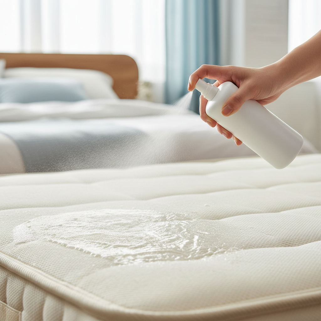 A professional, bright product photography style image showcasing a hand in the act of cleaning a mattress. A generic, sleek white spray bottle is held by a hand, directing a fine mist onto a segment of a clean, light-colored mattress. The area being sprayed subtly visually indicates revitalization, perhaps with tiny, almost transparent bubbles or a refreshed, textured surface, suggesting deep cleaning. The background is softly blurred, hinting at a modern, bright bedroom setting. The focus is on the action of applying the cleaner and the promise of a fresh, renewed mattress.