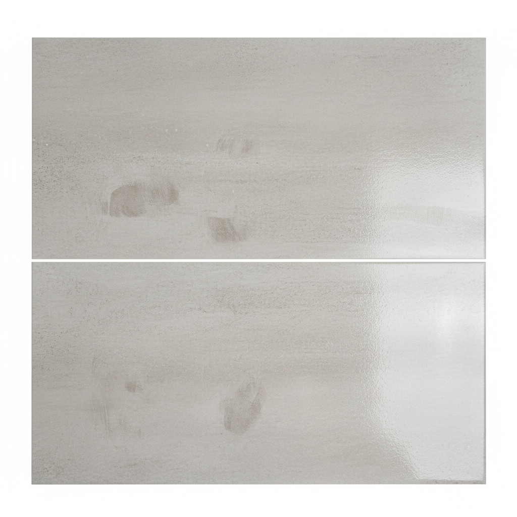 A close-up, high-quality photograph of a tile surface, visually divided into two distinct halves. One half clearly displays a dull, matte finish with subtle hints of common residues such as dried water spots, a light film, or faint smudges, indicating dirt and lack of shine. The adjacent half is strikingly glossy and highly reflective, showcasing a perfectly clean and restored surface. The sharp, clean transition between the two halves symbolizes effective cleaning and the return of the tile's original luster. The image should feature bright, clean lighting and a professional photo style, emphasizing the visual contrast.