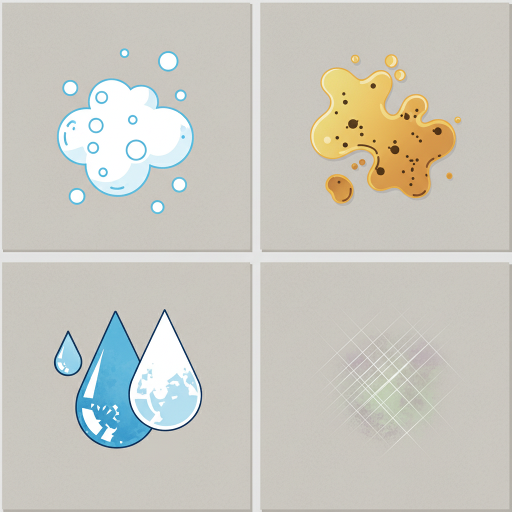 A vibrant flat illustration demonstrating various common causes of matte tile spots. The scene features a tile background with distinct, abstract visual elements representing different contaminants. Include stylized representations of soap suds, hard water droplets indicating limescale, splatters of oil or grease, and a subtle textured pattern suggesting surface abrasion or chemical residue. Each element should be clearly identifiable and visually separated, providing an informative overview of the different types of dulling substances. The design should be clean, modern, and suitable for an infographic style.