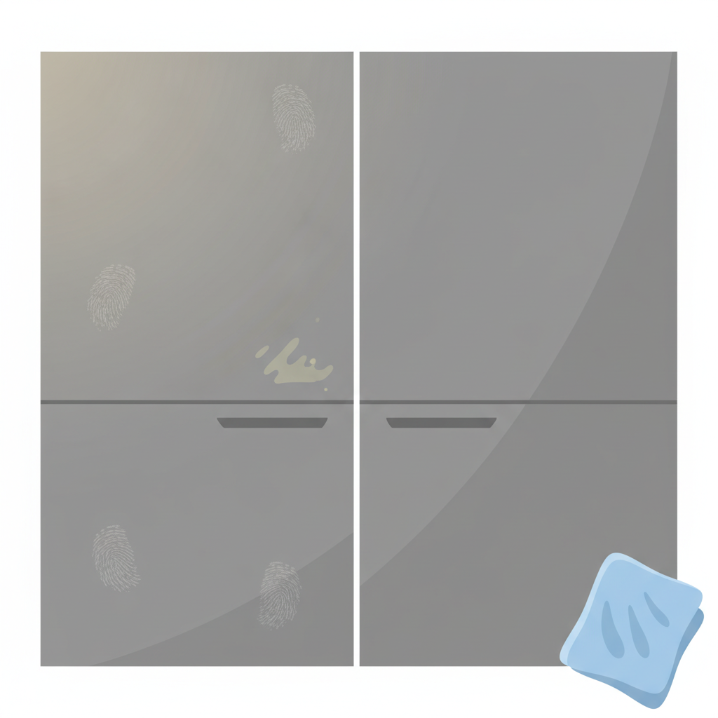 A close-up, split-scene illustration of a modern matte grey kitchen cabinet front. On the left side, faint smudges, fingerprints, and a subtle grease stain are visible, indicating dirtiness. On the right side, the surface is perfectly clean, smooth, and streak-free, reflecting a pristine finish. A soft, light blue microfiber cleaning cloth is partially visible on the right, suggesting the cleaning process. The overall aesthetic should be clean and professional, using soft, natural light to highlight the texture difference between the dirty and clean areas, emphasizing the visual impact of proper cleaning. Flat illustration style.