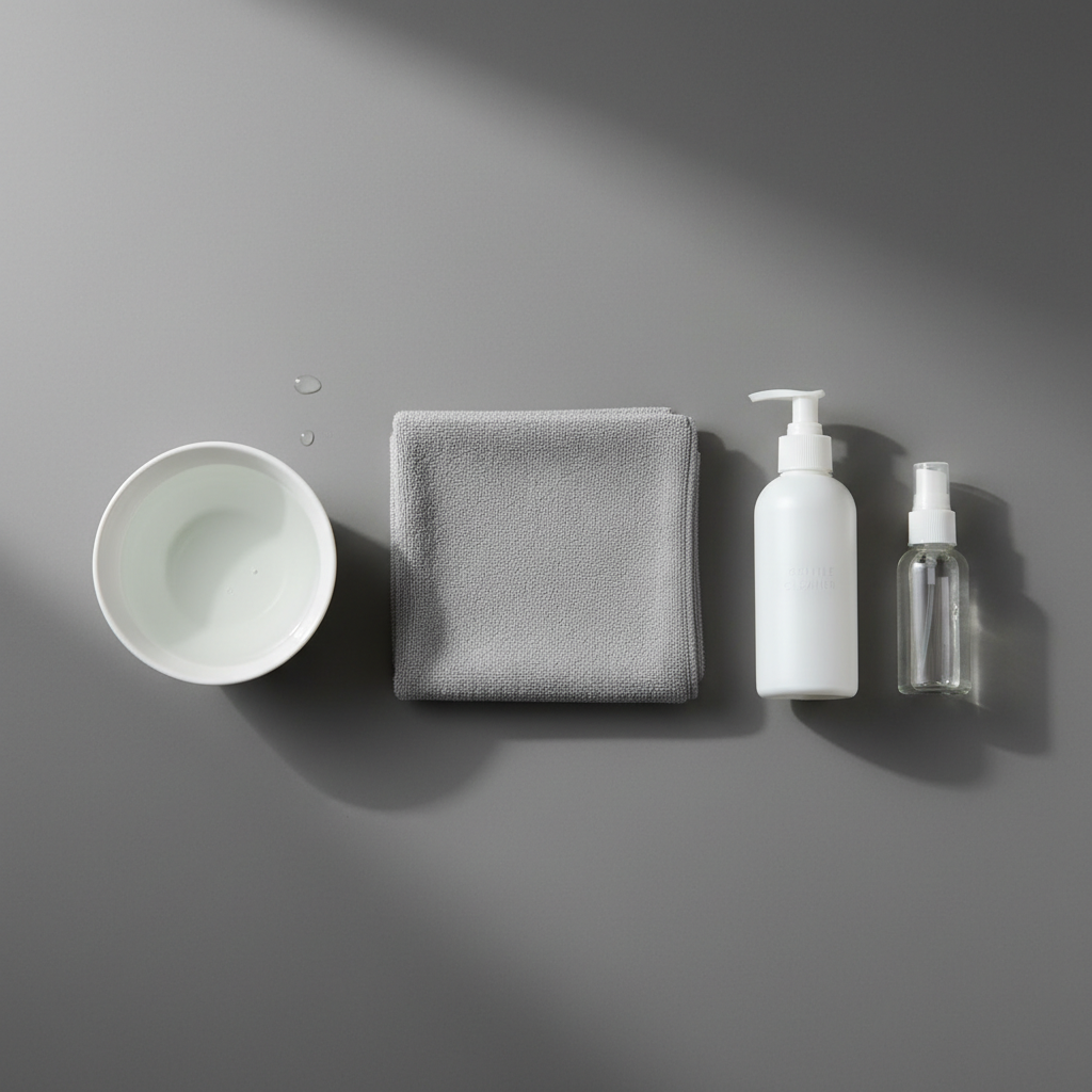 A minimalist flat lay composition of essential cleaning tools for matte kitchen fronts. In the center, a soft, plush microfiber cloth is neatly folded. Beside it, a generic, unbranded bottle of liquid cleaner, suggesting a mild, non-abrasive solution, and a small, clear spray bottle are arranged. A small, clean white bowl containing clear water could also be present. The items are neatly organized on a subtle, blurred matte kitchen counter background. The color palette is muted and clean, conveying a sense of gentle and effective care. Professional product photography style with a focus on natural light.