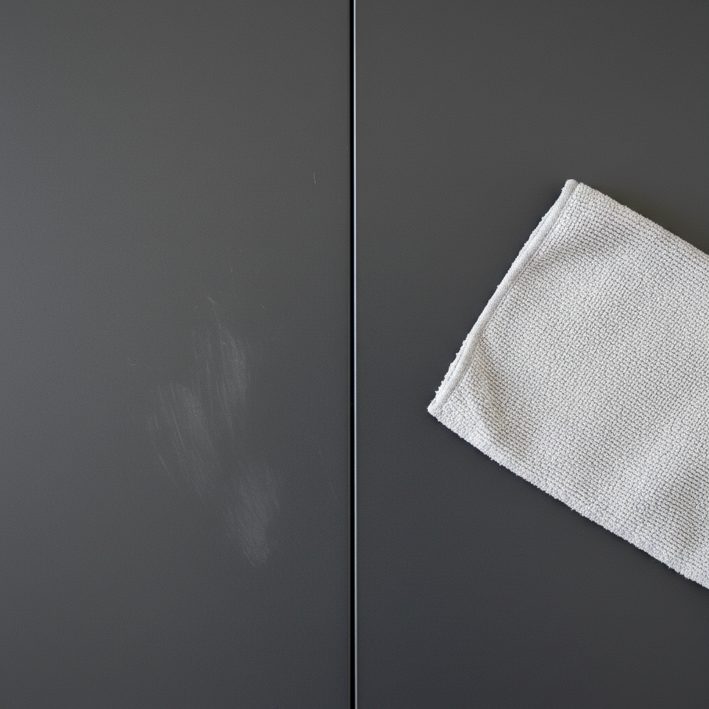 A close-up, high-angle shot of a sleek matte black or dark grey kitchen cabinet front. The image is visually divided. One half clearly shows visible fingerprints, subtle grease smudges, and faint streaks, indicating a need for cleaning. The other half is perfectly clean, smooth, and uniformly matte, with its elegant texture highlighted, reflecting no harsh light. A soft, light-colored microfiber cloth is gently positioned near the dividing line, implying the ongoing cleaning process and successful transformation. Professional photo style, emphasizing texture and pristine cleanliness.