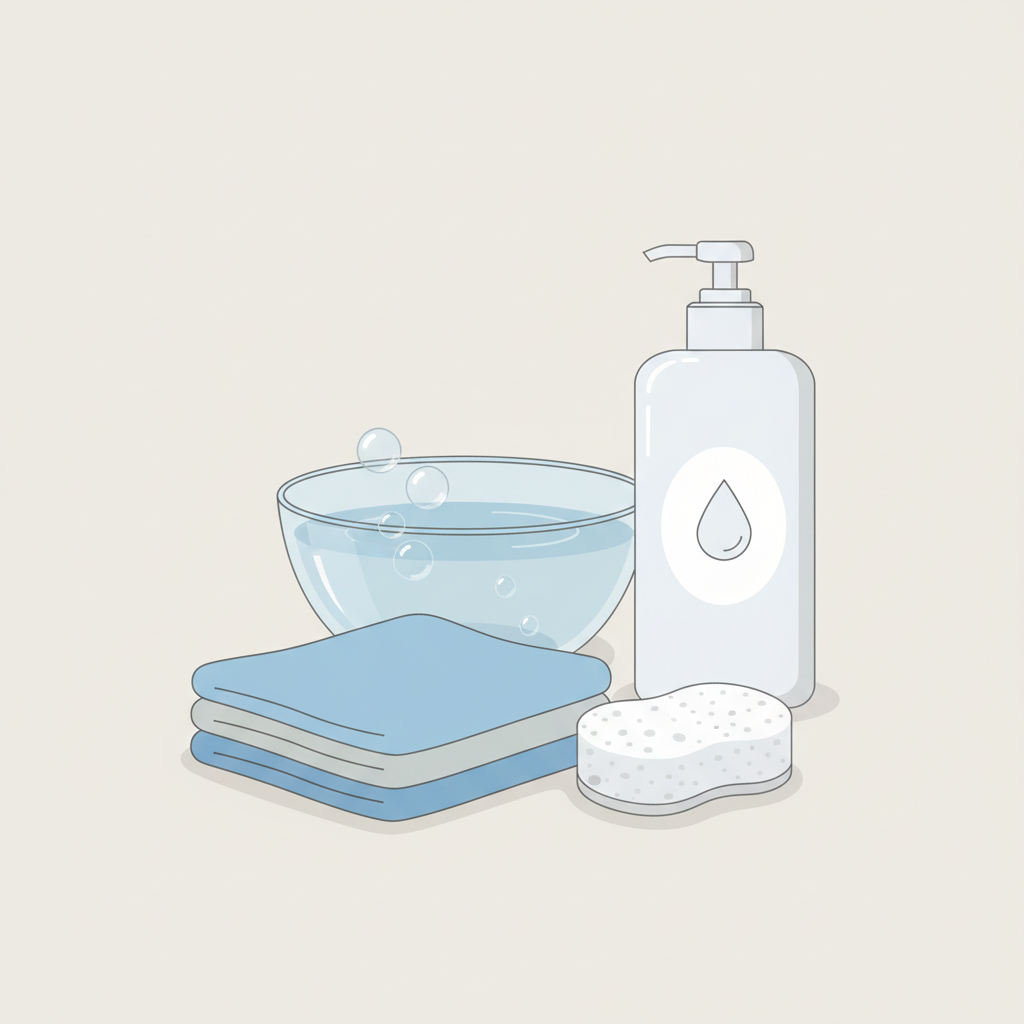 A vibrant, clean flat illustration showcasing the essential, soft tools for cleaning matte kitchen fronts, arranged neatly on a muted matte background. In the foreground, a stack of soft, lint-free microfiber cloths in contrasting colors (e.g., blue and grey) and a gentle, non-abrasive white sponge are prominent. In the background, a clear glass bowl filled with clean water (with a subtle hint of soap bubbles) and a simple, generic bottle of mild liquid soap (no brand labels) are visible. The overall composition is organized, inviting, and communicates gentle effectiveness.