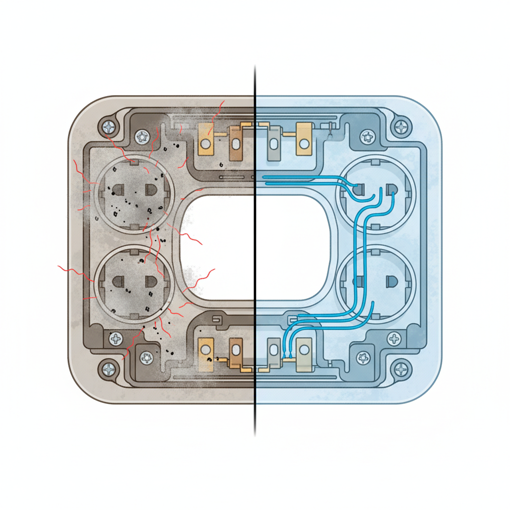 An infographic-style illustration contrasting a dirty and clean multi-plug socket. On the left, a detailed cross-section of a multi-plug socket is depicted, heavily filled with accumulated dust and small debris, subtly intertwined with faint red lines or sparks to represent poor conductivity and potential short circuits. On the right, the exact same cross-section is shown, but perfectly clean and clear, with smooth blue lines indicating efficient and safe electrical flow. The clean side should convey a sense of order and safety.