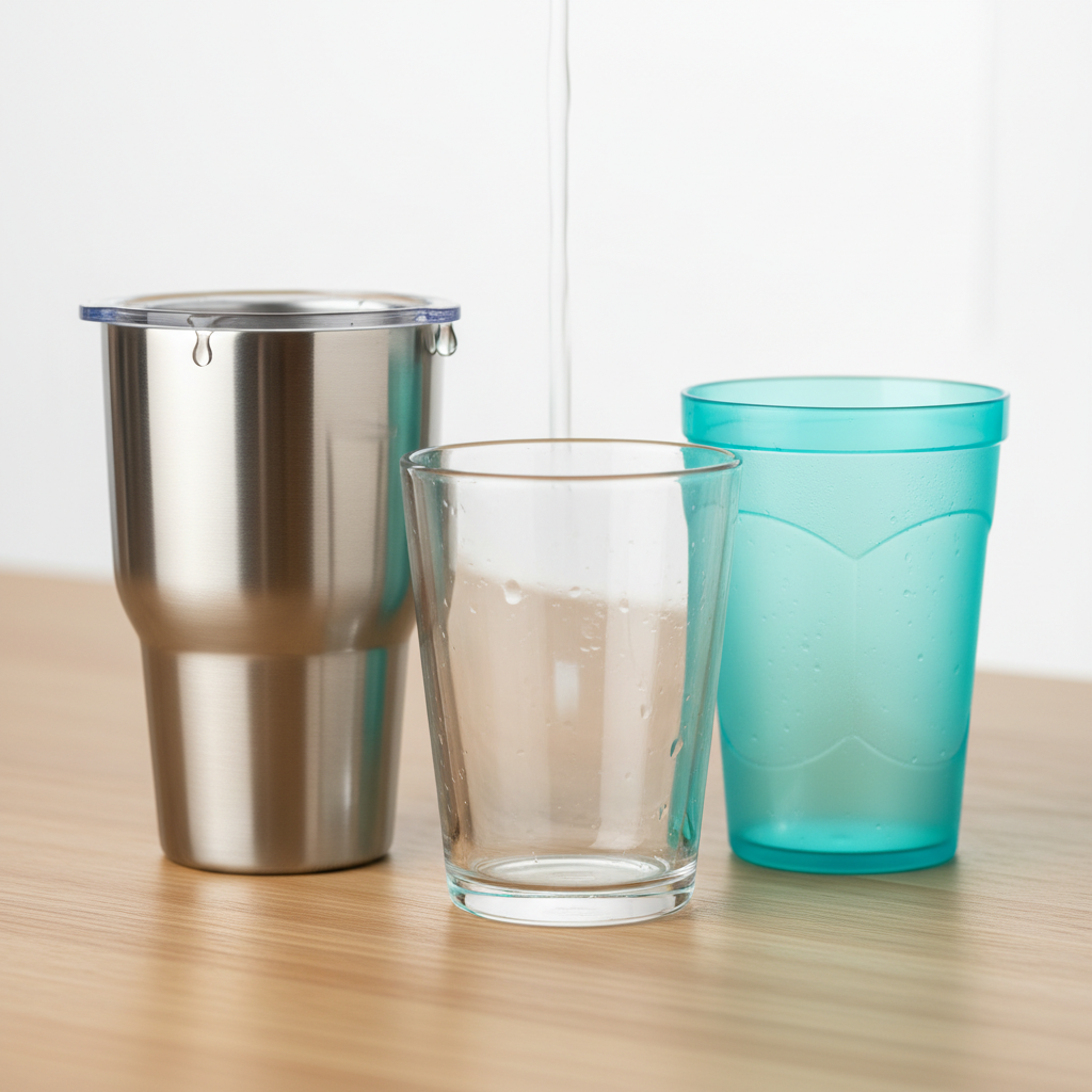 A professional product photography style image showcasing a trio of meticulously clean reusable cups, each made from a different material: a sleek, polished stainless steel cup, a transparent glass cup, and a brightly colored, BPA-free plastic cup. They are arranged artfully on a minimalist, light-colored kitchen counter or a pristine white surface. Soft, even studio lighting highlights the textures and cleanliness of each cup, perhaps with a very subtle, out-of-focus hint of clean running water or a small, single water droplet near one of the cups to signify washing, without being distracting.