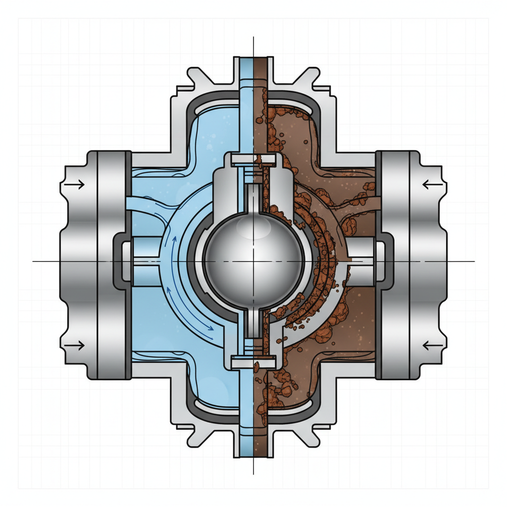 A detailed technical illustration or infographic depicting a cutaway view of a multi-way valve, split down the middle. One half shows the internal mechanism and flow paths sparkling clean, with clear blue liquid flowing smoothly through the channels. The other half shows the identical internal structure clogged with visible grime, sediment, and brown-red deposits, severely restricting the flow, which appears murky and slow. The valve has multiple ports, clearly illustrating the contrast between optimal and obstructed function in a sophisticated, diagrammatic style.
