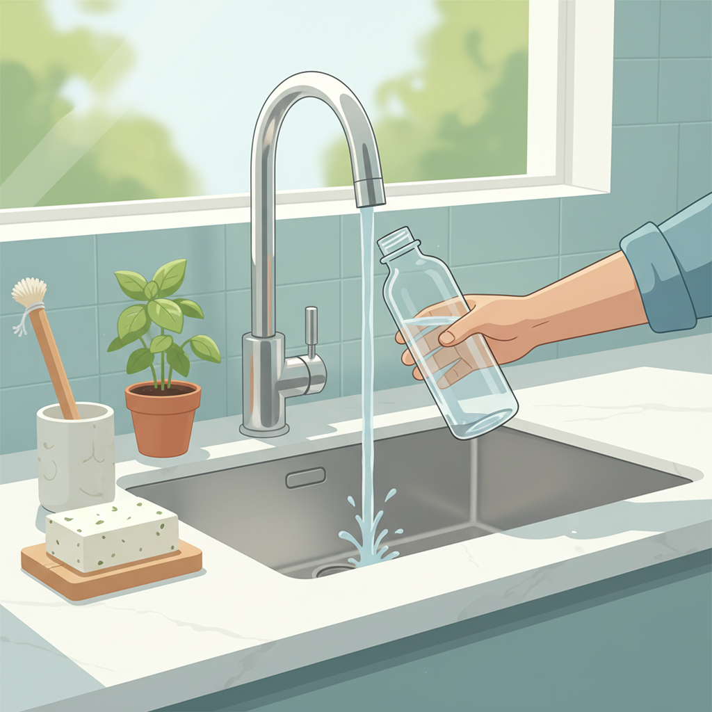 A bright, modern flat illustration depicting a clean, hygienic kitchen sink area. A hand holds a clear glass reusable water bottle under a stream of water from a faucet, actively rinsing it. Nearby, a bottle brush, a bar of soap, and a small, fresh green plant are neatly arranged, symbolizing cleanliness, natural methods, and sustainability. The overall mood is fresh, eco-friendly, and inviting, emphasizing ease and good practice.