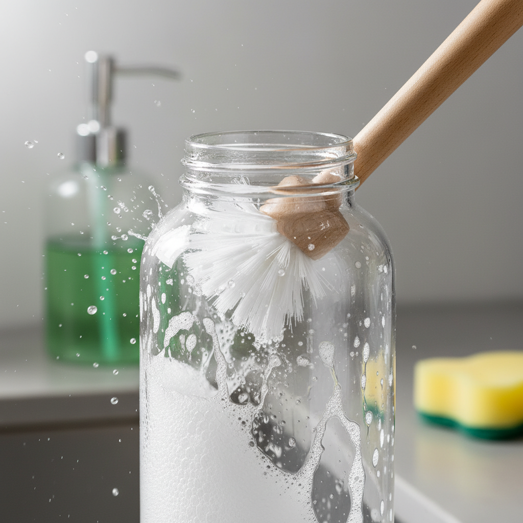 A close-up, professional product photography shot focusing on the interior of a transparent glass reusable bottle being thoroughly cleaned. A specialized bottle brush is actively scrubbing the inside walls, creating gentle water splashes and foam. The background is softly blurred but hints at a kitchen environment, with elements like a dish soap bottle or a sponge subtly visible. The lighting is crisp and clean, highlighting the sparkling glass and the act of hygienic cleaning.