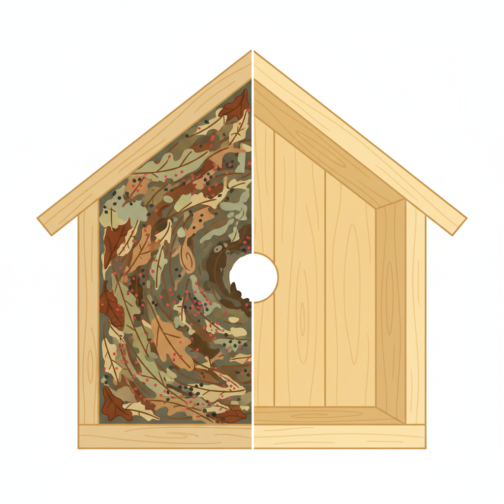 A vibrant, detailed flat illustration depicting a cross-section view of a bird box interior. The image is split down the middle. On the left side, the interior is cluttered with old, decaying nesting material, dried leaves, and subtle, abstract representations of tiny red mites and dark specks suggesting dirt. On the right side, the interior is spotless and empty, revealing clean, smooth wooden walls, appearing fresh and inviting. The illustration uses a clear, crisp color palette, contrasting earthy, slightly dingy tones on the left with bright, clean wood tones on the right, conveying the impact of cleaning on hygiene.
