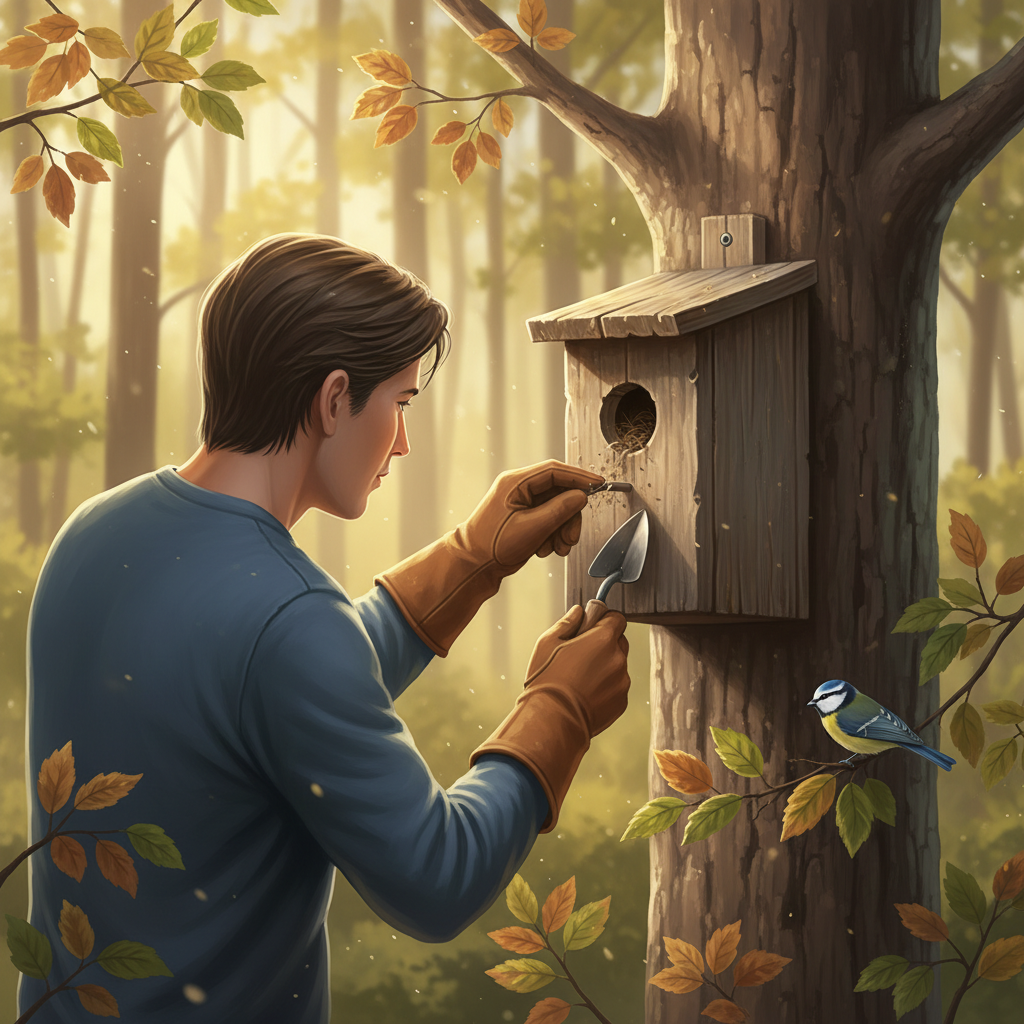 A warm and inviting digital painting in a realistic yet slightly stylized manner. The scene features a person (back or side view) carefully cleaning a wooden bird box mounted on a tree trunk. The person is wearing protective gloves and gently removing old nesting material. The surrounding environment suggests late summer or early autumn, with some leaves on nearby branches beginning to show subtle hints of yellow and orange amidst the green. A small tit bird (Meise) is seen happily perched on a branch nearby, observing, emphasizing the non-disruptive timing. Soft, golden sunlight filters through the trees.