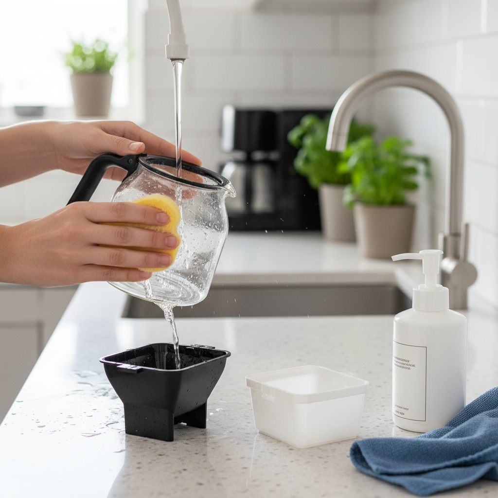 A close-up, brightly lit professional photo showing hands gently cleaning the disassembled components of a Melitta Enjoy Top coffee machine. One hand holds the clear glass coffee carafe under running water from a tap, with a soft sponge wiping its interior. In the foreground, the plastic filter holder is placed on a clean kitchen counter next to a bottle of mild dish soap, ready to be washed. The scene should convey cleanliness, care, and ease, emphasizing the daily maintenance steps. The background is a subtly blurred, modern kitchen environment, suggesting a fresh start to the day.