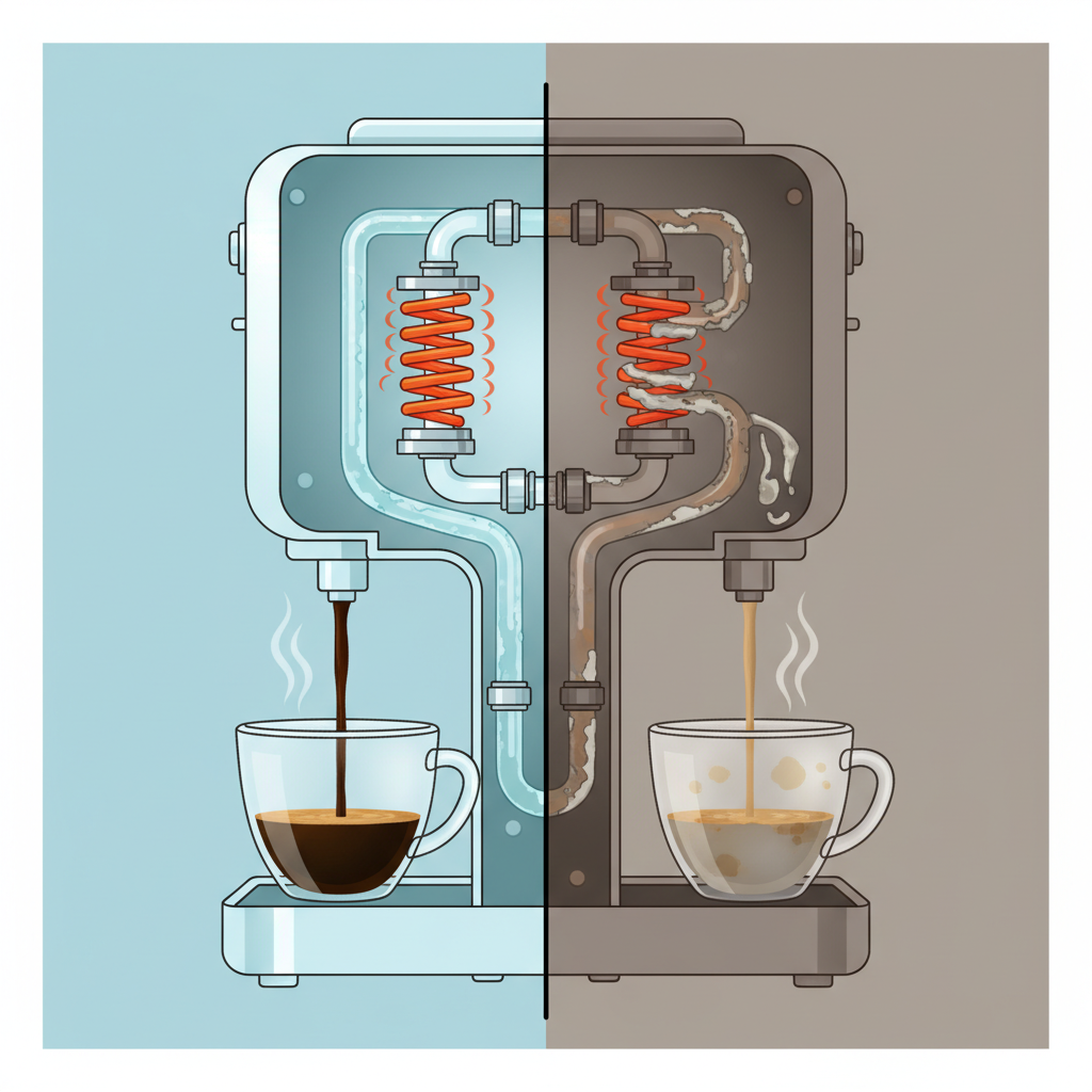 An infographic-style illustration depicting the internal benefits of a clean coffee machine. On one side, show a cross-section of a pristine Melitta Enjoy Top's water system, with clear water flowing smoothly through pipes and heating elements glowing brightly, producing a rich, aromatic stream of coffee into a clean cup. On the other side, show a contrasting cross-section of a neglected machine, with visible grey-white limescale deposits clinging to pipes and heating elements, and murky water struggling to flow, resulting in a weak, dull coffee stream. Use a clean, simplified aesthetic with subtle visual cues for efficiency versus inefficiency.