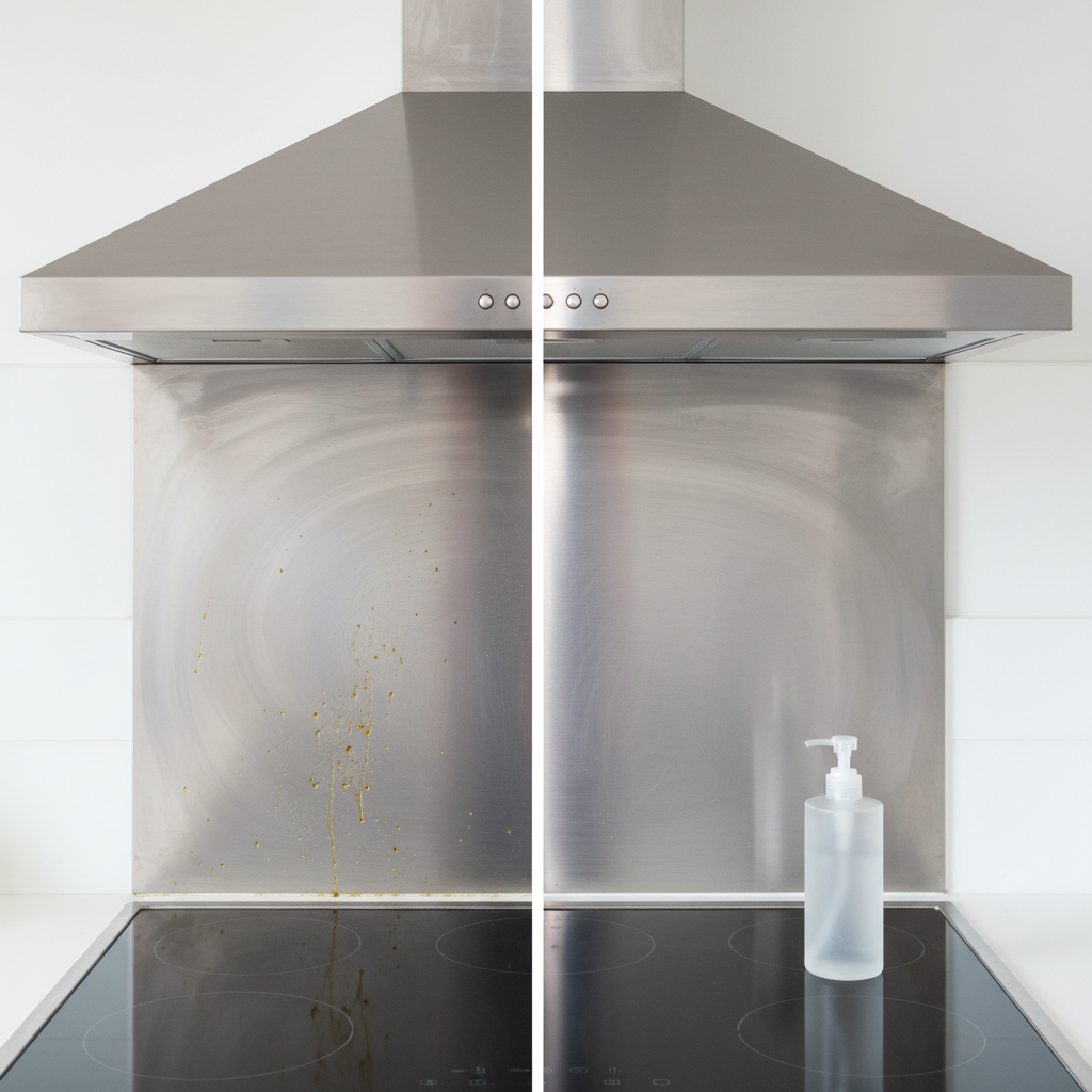 A modern kitchen scene, visually divided. On one side, a close-up of a stainless steel range hood or a ceramic cooktop shows visible, dried-on grease splatters and grime. On the other side, the exact same surface is immaculately clean, sparkling and reflecting light, demonstrating a powerful transformation. A sleek, product bottle (without any visible branding) stands prominently on the clean side, suggesting the cleaning action. Professional photo style, bright and clean lighting.