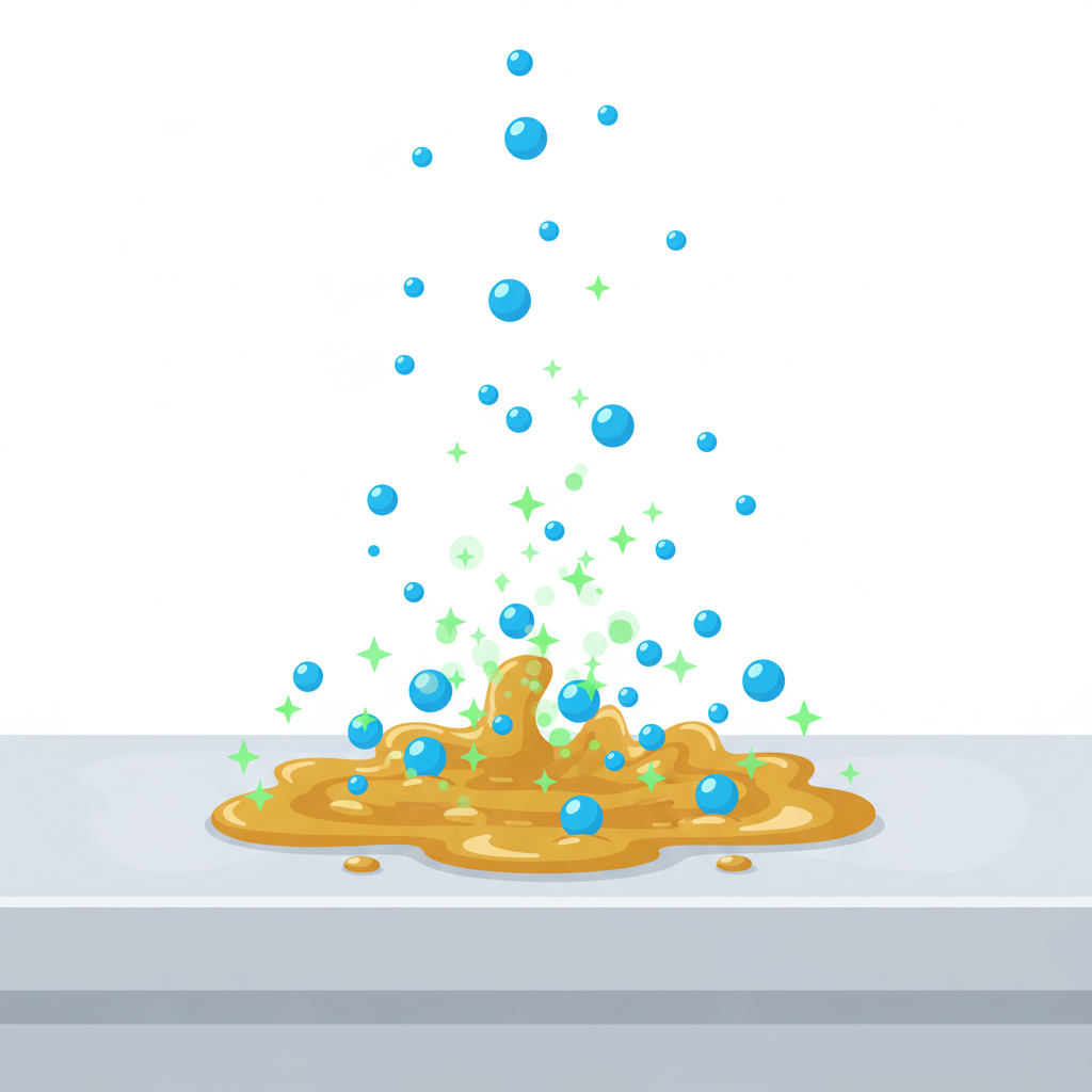 An abstract infographic illustration depicting the cleaning mechanism of a powerful degreaser. A smooth, light grey kitchen surface (like a tile or countertop) is shown with a stylized, sticky, yellow-brown layer representing stubborn grease firmly adhered to it. From above, active green particles representing the cleaning agent are depicted penetrating and breaking apart the yellow-brown layer into smaller, easily removable blue droplets. These blue droplets are shown lifting away from the surface, leaving it pristine. Flat illustration style with clean lines and vibrant colors.