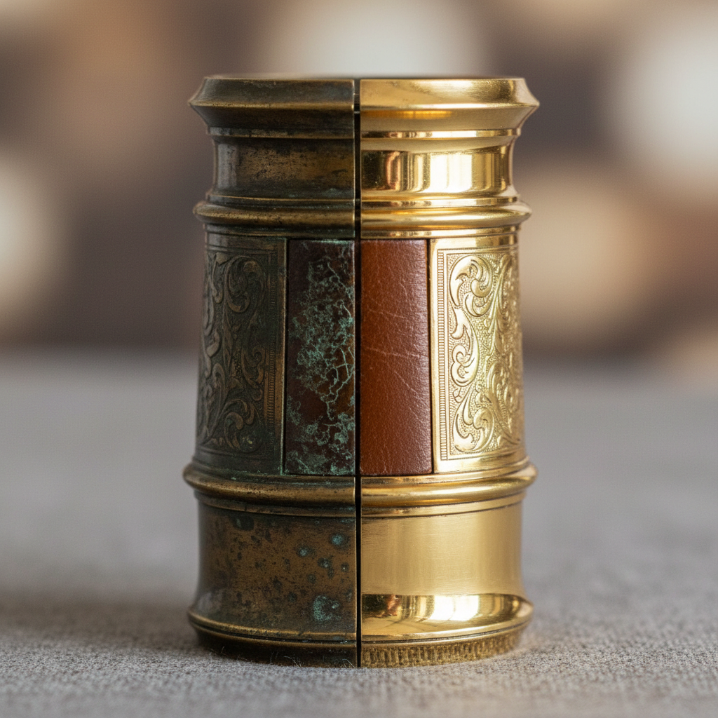 A professional photo showing a close-up of an elegant, ornate brass object, like a vintage brass telescope or a decorative figurine. The object is divided vertically, with one half appearing heavily tarnished, dull, and dark with a greenish patina, while the other half is brilliantly polished, gleaming with a warm golden luster, reflecting light beautifully. The contrast between the dull, oxidized surface and the shiny, restored surface should be striking and visually appealing, emphasizing the 'before and after' effect of polishing. The background should be clean and slightly out of focus to keep the focus on the brass item.