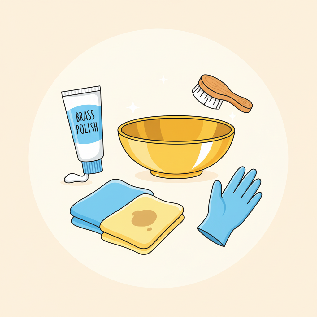 A vibrant, clean flat illustration depicting a collection of essential items for brass polishing. The scene features a pristine, shiny brass object, such as a small bowl or a decorative bell, positioned centrally. Surrounding it are various polishing tools and agents: a tube of brass polish, a couple of soft polishing cloths (one clean, one possibly with a slight smudge to indicate use), a small protective glove, and perhaps a small soft brush. The items should be clearly delineated with clean lines and bright, appealing colors, against a light, uncluttered background, suggesting ease and effectiveness of the process.