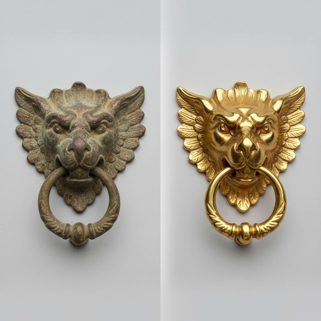 A visually compelling split image showcasing a sophisticated antique brass object, such as an ornate door knocker or a small statue. On the left side, the object is heavily tarnished, displaying dark, dull, greenish-brown patches, indicative of long-term neglect. On the right side, the exact same object gleams with a brilliant, warm golden luster, perfectly polished and reflecting light. A soft, blurred line or transition subtly separates the two states, emphasizing the dramatic 'before and after' transformation. Professional studio product photo style with a clean, neutral background.