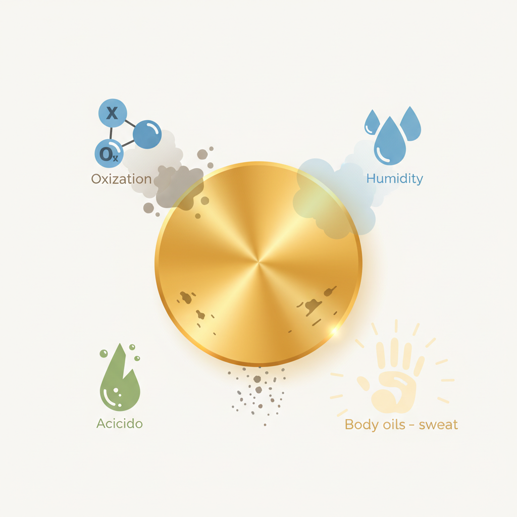 A clean, modern flat illustration depicting a central, shining brass disc or a simple brass plate. Surrounding this brass object are several distinct, stylized icons representing the key environmental factors causing tarnishing. These icons include: abstract oxygen molecules for oxidation, water droplets for humidity, a stylized acidic drop for chemicals, a faint handprint for body oils/sweat, and tiny dust particles. Each icon has a subtle visual effect indicating its negative impact on the brass, like small dark spots or a faint cloudy haze spreading from it onto the brass surface. The overall style should be infographic-like, clear, and easy to understand.