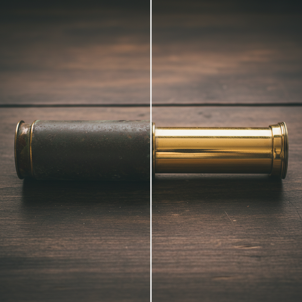 A professional, high-resolution photo showcasing a decorative brass object, such as a vintage telescope or an ornate brass bell, visibly divided into two sections. One half is dull, dark, and visibly tarnished with an aged, greenish-brown patina, while the other half gleams brightly with its original warm, golden luster. The transition line between the tarnished and polished areas should be sharp and distinct, clearly illustrating the dramatic 'before and after' effect of cleaning. Soft, even lighting should highlight the metallic sheen of the cleaned portion.