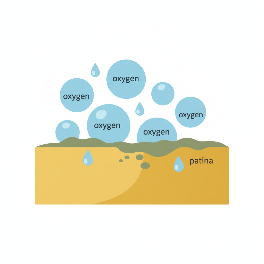 A clean, modern flat illustration depicting the concept of brass tarnishing. The central element is a simplified, stylized cross-section of a brass surface, initially depicted as smooth and golden. Around and above this surface, abstract, light blue 'oxygen' molecules and tiny water droplets are visually interacting with it. On the brass surface, a thin, subtle layer of greenish-brown 'patina' is forming, gradually obscuring the golden shine. The overall image should convey the chemical reaction of oxidation in an easy-to-understand, infographic style, without any complex scientific symbols.