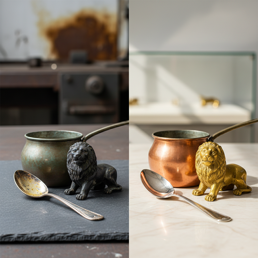 A professional, high-quality photograph showcasing a 'before and after' comparison of various metal objects. On one side, several items like a tarnished silver spoon, a dull copper pot, and an oxidized brass figurine appear neglected and lacklustre. On the other side, the identical items gleam with a brilliant, polished shine, reflecting light beautifully against a clean, neutral background. The composition should clearly illustrate the dramatic transformation achieved through proper cleaning, emphasizing the restoration of aesthetic appeal and material integrity.