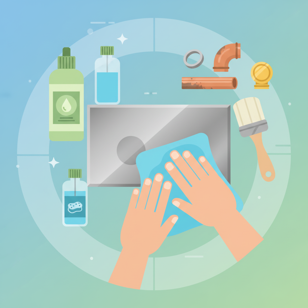 A vibrant, clean flat illustration depicting the essential tools and careful steps for metal cleaning. In the foreground, a pair of hands gently uses a soft microfiber cloth to wipe a section of a metal object, perhaps a brushed stainless steel surface, with a small, unnoticeable test spot clearly visible. Surrounding elements include generic bottles representing mild cleaning solutions, a soft brush, and subtle visual cues indicating different metal types (e.g., a silver ring, a copper pipe segment, a brass knob). The overall composition should be bright and encouraging, emphasizing careful handling and the use of appropriate tools.