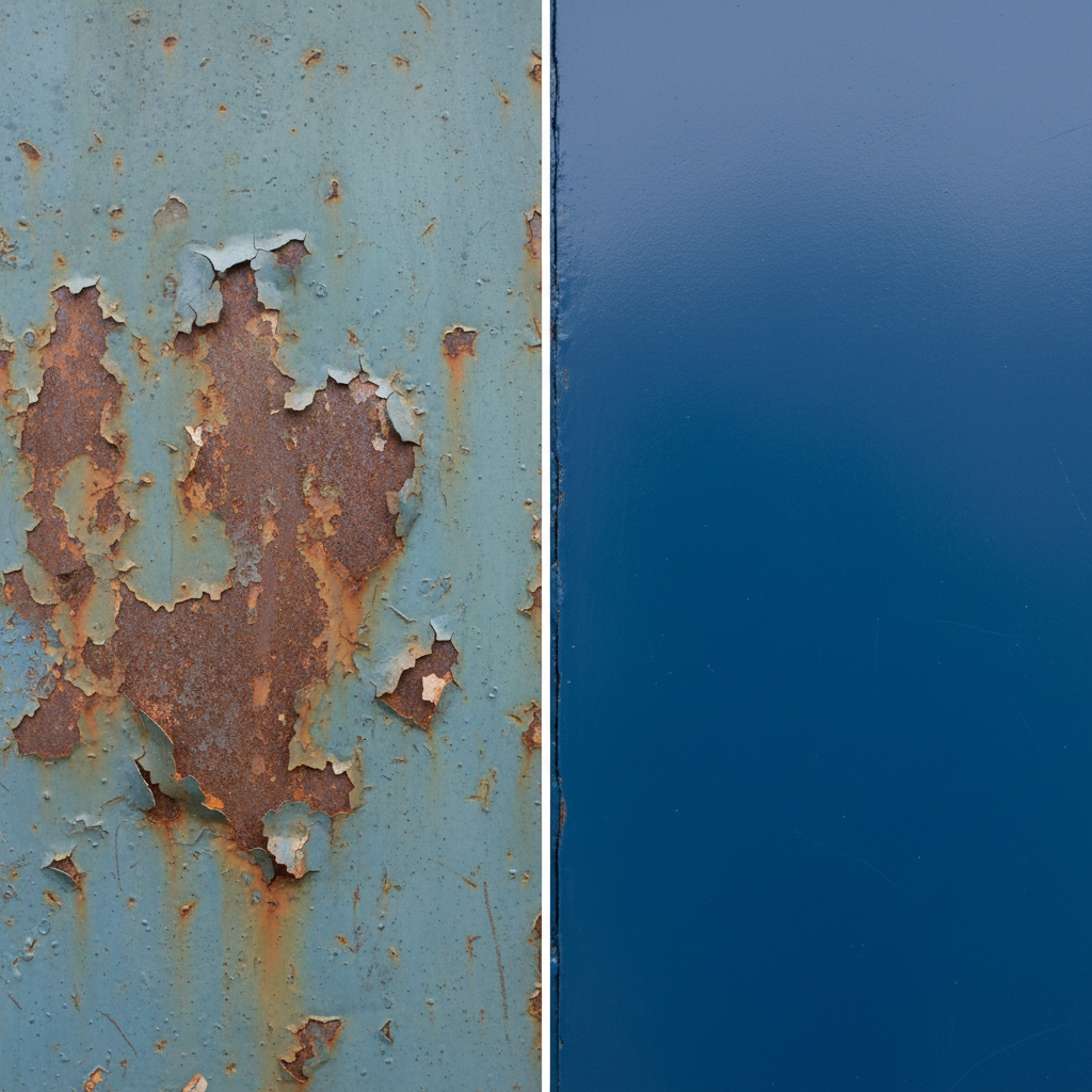 A professional, high-resolution split image showing two sections of a painted metal surface. The left side depicts a metal sheet with a visibly failing paint job: peeling, bubbling, and showing signs of rust bleeding through the paint layer, indicating poor preparation. The surface appears uneven and damaged. The right side shows the same metal sheet with a perfectly smooth, uniform, and durable paint finish, gleaming under soft, even lighting, demonstrating excellent adhesion and a professional result. The contrast should be stark, emphasizing the consequences of neglecting proper cleaning versus achieving optimal preparation. Focus on the texture and integrity of the paint.