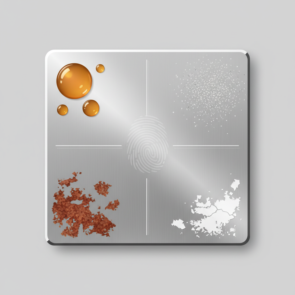 A clean, minimalist flat illustration or infographic-style image depicting a shiny, unpainted metal surface (e.g., a rectangular steel plate). Various types of distinct contaminants are visually represented on different sections of the plate. These include a few glossy, yellow-brown oil droplets, small reddish-brown patches of rust, fine grey dust particles scattered lightly, a section showing cracked and peeling old paint remnants, and a faint, almost transparent fingerprint mark. Each contaminant should be clearly distinguishable, subtly hinting at the diverse challenges in metal preparation. The background should be neutral to highlight the metal surface and its impurities.