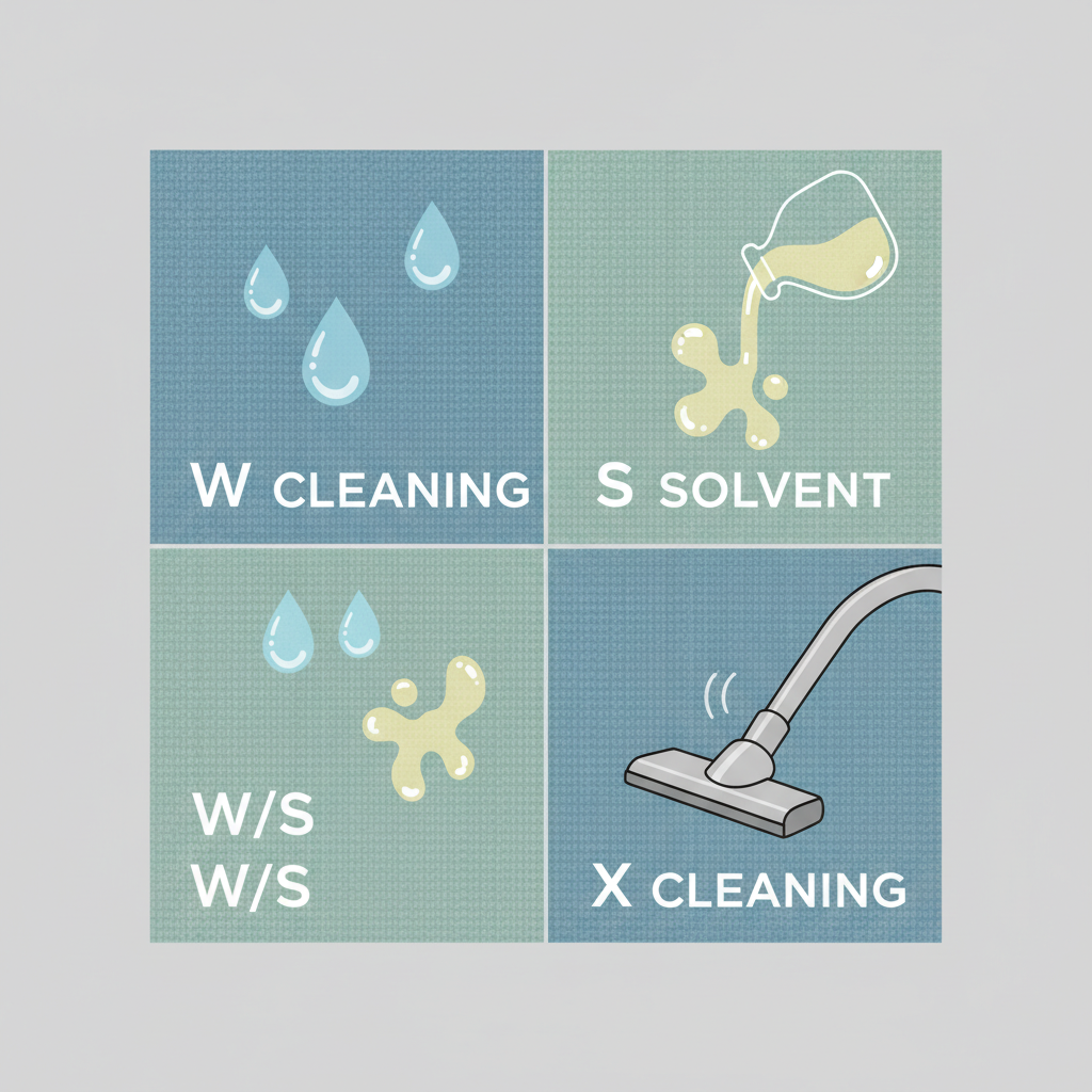An infographic-style illustration depicting a stylized microfiber fabric swatch with four distinct sections. Each section visually represents one of the care label codes for cleaning. For the 'W' section, show gentle water droplets on the fabric. For 'S', illustrate a generic clear liquid solvent. For 'W/S', combine both water and a solvent symbol. For 'X', show a vacuum nozzle hovering over the fabric, with no liquids present. The style should be a clean, modern flat illustration with soft colors, making the complex information easily digestible and visually intuitive.