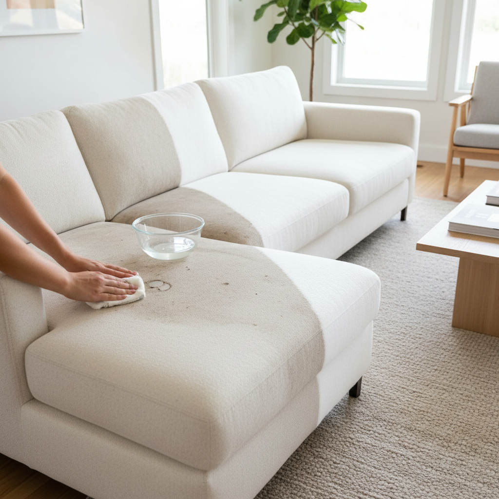 A professional photo depicting a bright, contemporary living room. A light-colored microfiber sofa is prominently featured. On one side, a visible stain and some general grime are apparent, while the other side is impeccably clean and vibrant, showcasing a clear 'before and after' effect. A person's hands are gently dabbing a small stain on the dirty section with a white cleaning cloth, beside a small bowl of clear liquid. The scene conveys transformation and easy cleaning effectiveness, with a focus on a clean, inviting aesthetic.