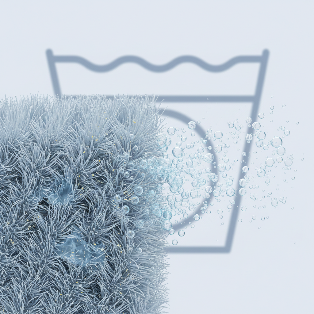 A detailed, clean infographic illustration showing a magnified cross-section of microfiber fabric. Fine, interlocked synthetic fibers are visible. Within these fibers, abstract representations of dust particles and a small liquid stain are trapped. Adjacent to this, a stylized cleaning agent (e.g., small, energetic bubbles or fluid particles) is shown actively dislodging and lifting the dirt from the fibers. The background features a blurred, subtle outline of a common care label symbol, emphasizing its importance, but with no readable text.