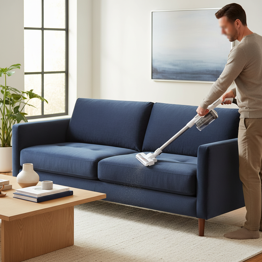 A visually appealing, brightly lit professional photo showing a modern living room scene. A person, whose face is not clearly visible for anonymity, is gently vacuuming a plush, dark grey or navy blue microfiber velour sofa. They are using a vacuum cleaner with a visible upholstery attachment, moving it slowly over the sofa's surface. A subtle visual hint of dust or small particles being lifted from the fabric is present, emphasizing the cleaning action. The sofa appears soft and inviting, highlighted by natural light. The overall mood is one of cleanliness and careful maintenance.