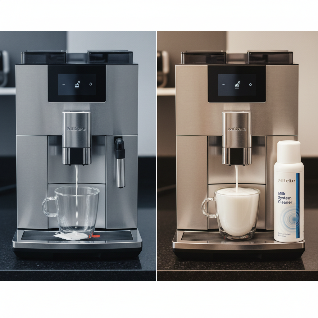 A professional photo depicting a sleek, modern Miele automatic coffee machine. On one side, the machine's milk frother is subtly sputtering, with a few weak drops of milk indicating a problem. On the other side, a bottle of official Miele cleaning solution is prominently displayed next to the same machine, which is now smoothly dispensing a perfect stream of foamed milk or cleaning fluid into a glass. The image should convey a clear before-and-after contrast, highlighting the resolution of the frother issue with the correct product.