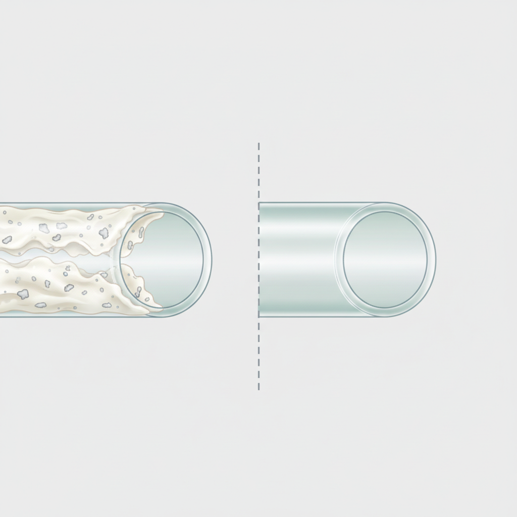 An infographic-style technical illustration showing a cross-section of a coffee machine's internal milk line tubing. On the left side, the tube is severely clogged with accumulated white, sticky milk residue and small, hard, greyish-white deposits representing limescale, narrowing the passage considerably. On the right side, the exact same milk tube is shown perfectly clean, transparent, and completely unobstructed, emphasizing the difference between a problematic, dirty line and a functioning, hygienic one. The focus is purely on the internal state of the pipe.