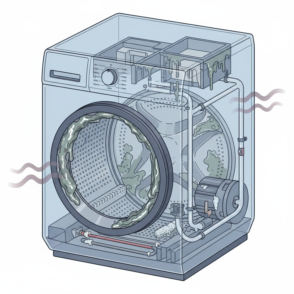 A detailed cutaway diagram illustration of the interior of a washing machine, showcasing common problem areas. Clearly visible are thick, slimy grey-green deposits clinging to the rubber gasket around the door, inside the detergent dispenser, and on the drum's surface. Limescale build-up is evident on metal parts and internal hoses. A subtle visual hint of unpleasant odors emanating from these dirty areas. The style is clean, informative, and uses a slightly muted color palette to emphasize the grime, perfect for an educational blog article.