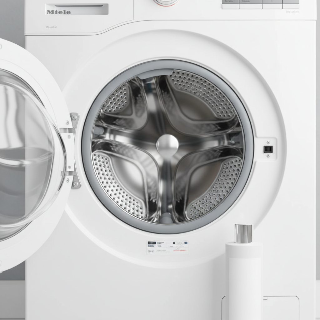 A professional, high-key photograph of the sparkling clean interior of a Miele washing machine. The stainless steel drum gleams, the rubber door seal is pristine white, and there are no visible signs of residue, limescale, or grime. Adjacent to the open drum, a sleek product bottle for a machine cleaner is subtly placed, implying the effectiveness of regular maintenance. The overall impression is one of impeccable hygiene, freshness, and optimal performance, captured with bright, inviting lighting and a modern aesthetic.