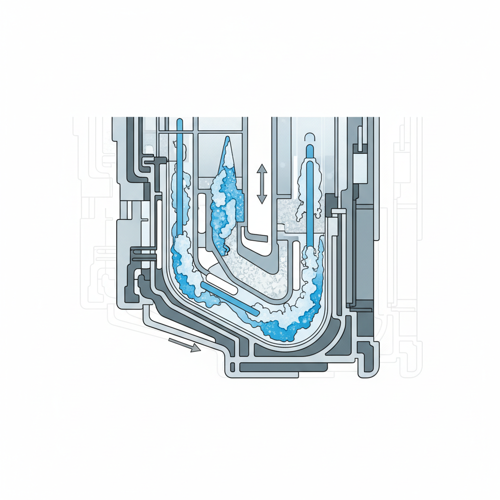 A detailed, close-up technical illustration of the internal mechanism of a Miele Twindos dispenser unit. Show a cross-section of the fine dosing nozzles and the adjacent fluid channels. Visible within these channels should be clear indicators of blockage: solidified, colorful detergent residue (e.g., blue and white clumps) and subtle, crystalline limescale buildup partially obstructing the flow path. The background should be clean and slightly abstract to keep the focus on the internal problem, illustrating why cleaning is essential. The style should be precise and informative, resembling a diagram from an instruction manual.