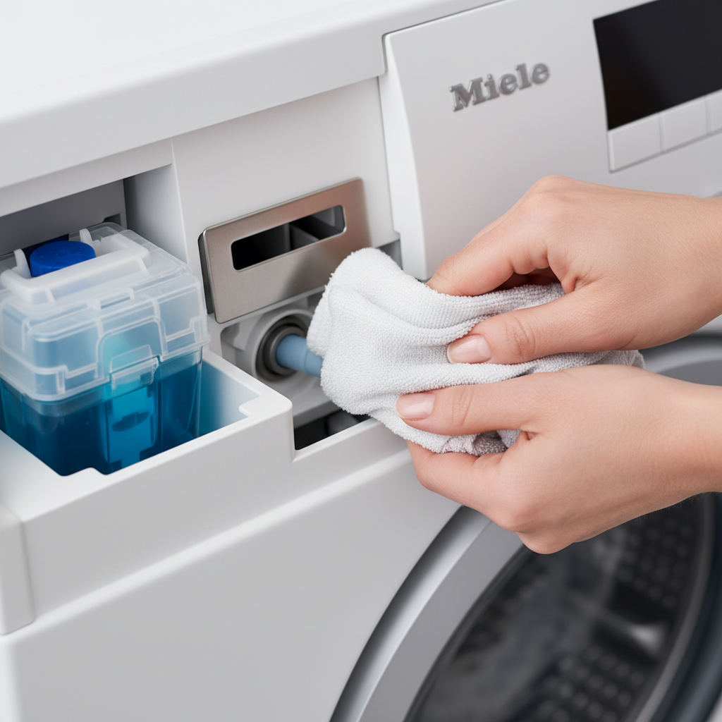 A professional, well-lit close-up photo of hands performing maintenance on a Miele Twindos detergent system. One hand is shown carefully holding a translucent Twindos container, while the other hand gently uses a small, soft cleaning brush or a microfiber cloth to clean the nozzle area or the docking port of the dispenser on the washing machine itself. The scene should convey a sense of care and routine maintenance, with the Miele washing machine subtly visible in the background to provide context. The image should be clean, bright, and focused on the practical cleaning action.