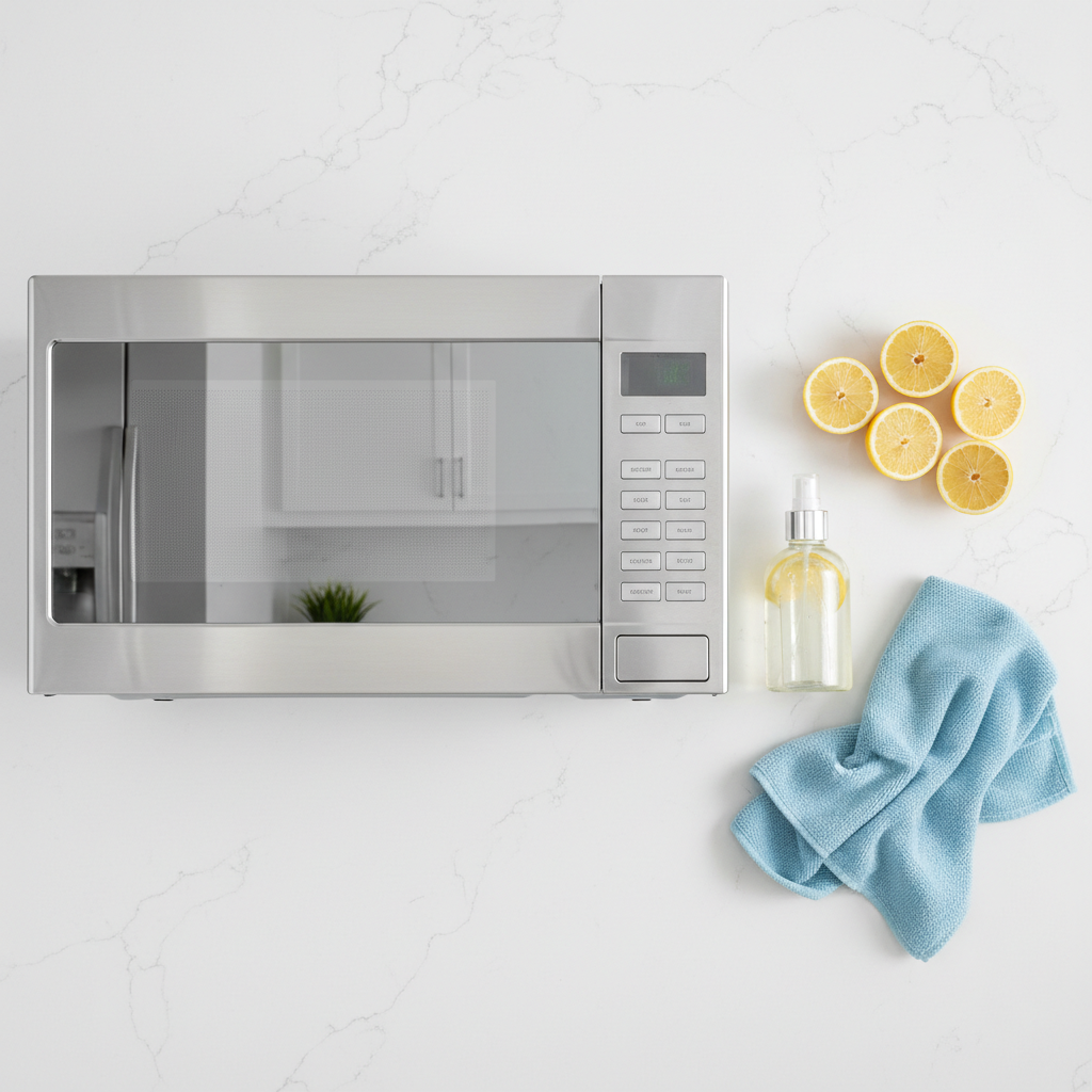 A visually appealing, brightly lit flat lay photograph of a modern, sparkling clean microwave oven. Beside it, artfully arranged fresh lemon halves, a small spray bottle, and a soft microfiber cloth are visible on a clean kitchen counter. The overall impression should be one of natural cleanliness and ease, highlighting the 'after' effect of the cleaning process, with no visible dirt or grime. The colors should be fresh and bright, emphasizing hygiene.