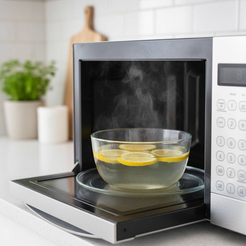 A vibrant, close-up lifestyle photograph capturing the initial step of the cleaning process. A transparent, microwave-safe glass bowl filled with water is prominently displayed. Inside the bowl, several freshly cut lemon slices float, radiating a bright, natural yellow hue. The bowl is positioned just inside the open door of a modern microwave oven, with a hint of gentle steam subtly rising from the water, suggesting the upcoming heating. The background should be a soft-focus, clean kitchen environment.