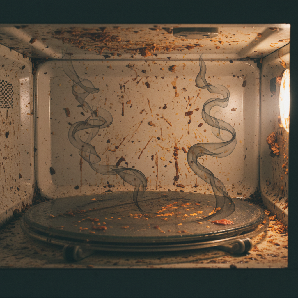 A detailed close-up shot of the inside of a microwave oven, focusing on significant food splatters, dried-on grime, and greasy residue on the interior walls and turntable. The scene should convey a sense of unhygienic conditions and neglect. Subtle, abstract wisps of dark, swirling lines could emanate from the splatters, symbolizing unpleasant odors or unseen bacteria, without being explicit. The lighting should be dim inside, highlighting the grimy textures. Style: Professional photo, slightly desaturated to emphasize dirtiness, with a touch of atmospheric realism.