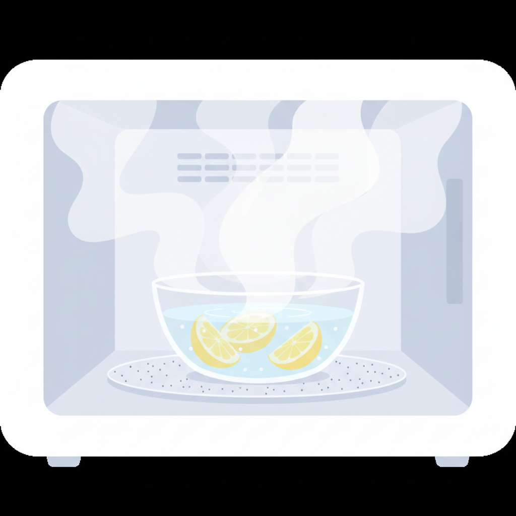 An inviting flat illustration depicting the interior of a microwave oven during the steam cleaning process. A microwave-safe glass bowl filled with water and vibrant lemon slices (or a splash of vinegar) is centrally placed on the turntable. Gentle, ethereal steam visibly rises from the bowl, softly enveloping the inner walls of the microwave. The overall impression should be one of freshness, ease, and a natural cleaning solution at work, with the interior walls already looking subtly brighter. Style: Clean, modern flat illustration with soft color gradients and a focus on simplicity.