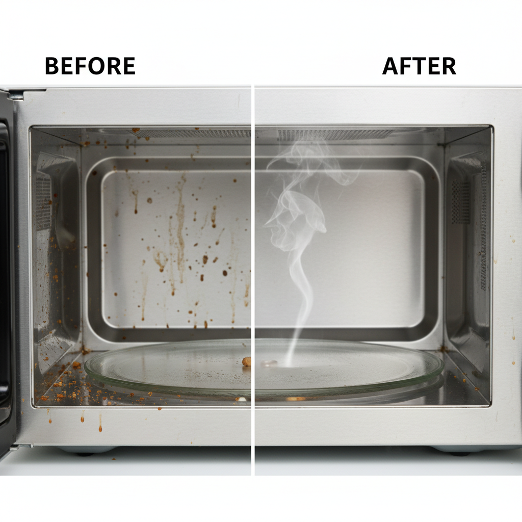 A modern, sleek kitchen microwave interior shown in a split image. On one side, the microwave is visibly splattered with dried food remnants and grease, looking dull and unhygienic. On the other side, the same microwave interior is sparkling clean, reflecting light, with no visible stains or residues. A subtle, almost ethereal wisp of steam is gently dissipating from the clean side, symbolizing the cleaning action. Style: Professional photo with bright, clean lighting, emphasizing a 'before and after' transformation.