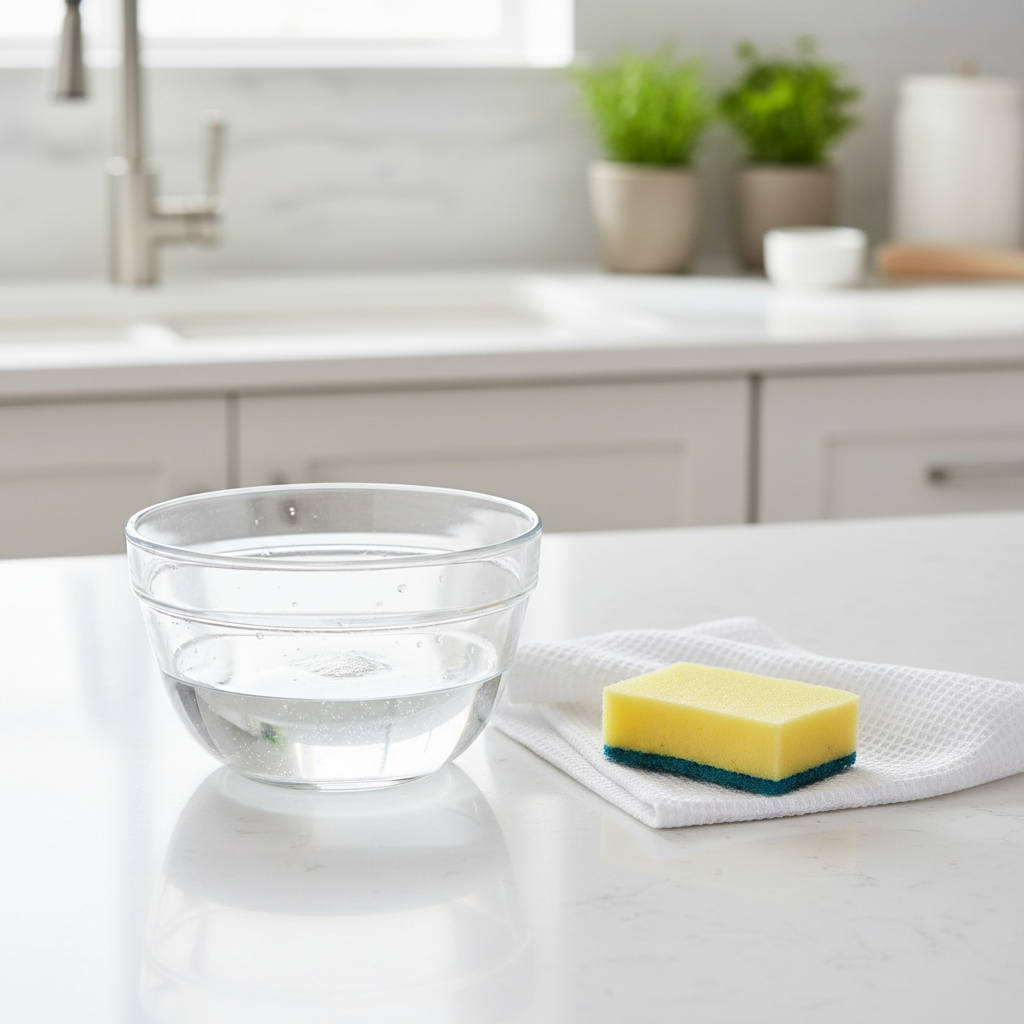 A close-up, top-down still life shot on a bright kitchen counter. In the center, a clear, heat-resistant glass bowl contains a translucent liquid mixture, representing water and vinegar. Beside the bowl, a clean white microfiber cloth and a soft, simple cleaning sponge are neatly arranged. The background is a subtly blurred, contemporary kitchen setting. Soft, natural light illuminates the scene, highlighting the natural and simple aspects of the cleaning process. Style: Bright, clean still life photography with a minimalist aesthetic.